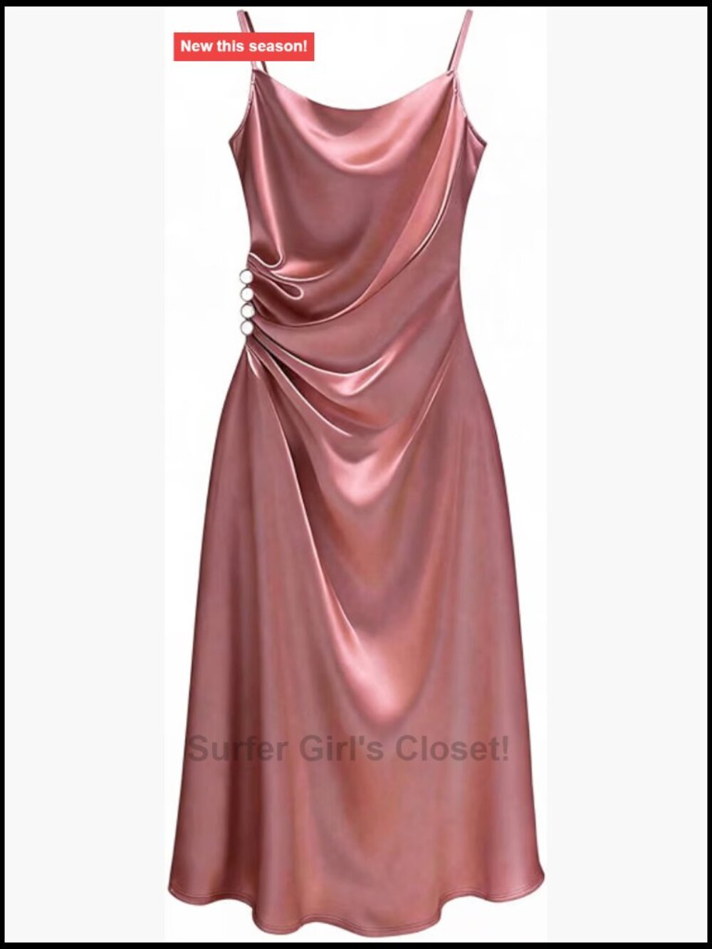Women's Satin Spaghetti Strap Midi Slip Dress Cowl Neck Ruched Side Button
